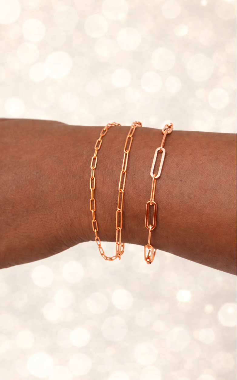 14k Rose Gold Over Solid 925 Sterling Silver Paper Clip Bracelets 2.5mm, 3mm, 4mm