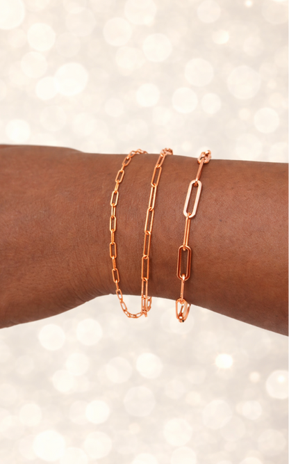 14k Rose Gold Over Solid 925 Sterling Silver Paper Clip Bracelets 2.5mm, 3mm, 4mm