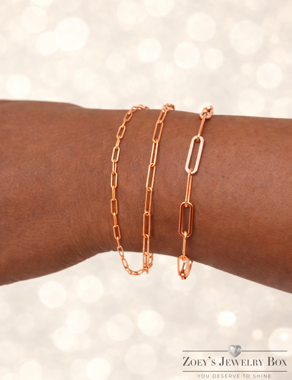 14k Rose Gold Over Solid 925 Sterling Silver Paper Clip Bracelets 2.5mm, 3mm, 4mm