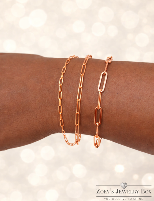 14k Rose Gold Over Solid 925 Sterling Silver Paper Clip Bracelets 2.5mm, 3mm, 4mm
