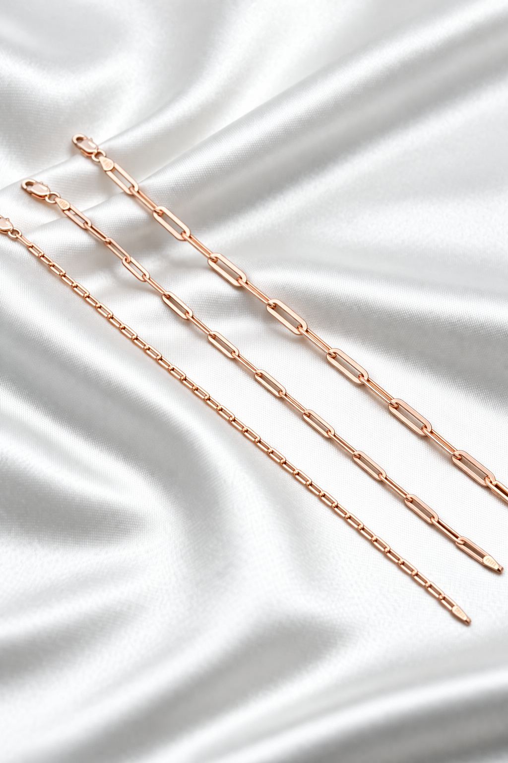 14k Rose Gold Over Solid 925 Sterling Silver Paper Clip Bracelets 2.5mm, 3mm, 4mm