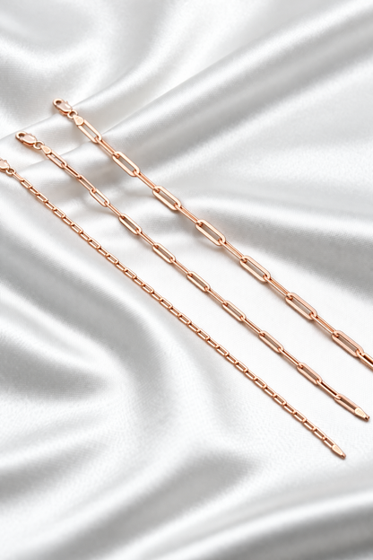 14k Rose Gold Over Solid 925 Sterling Silver Paper Clip Bracelets 2.5mm, 3mm, 4mm