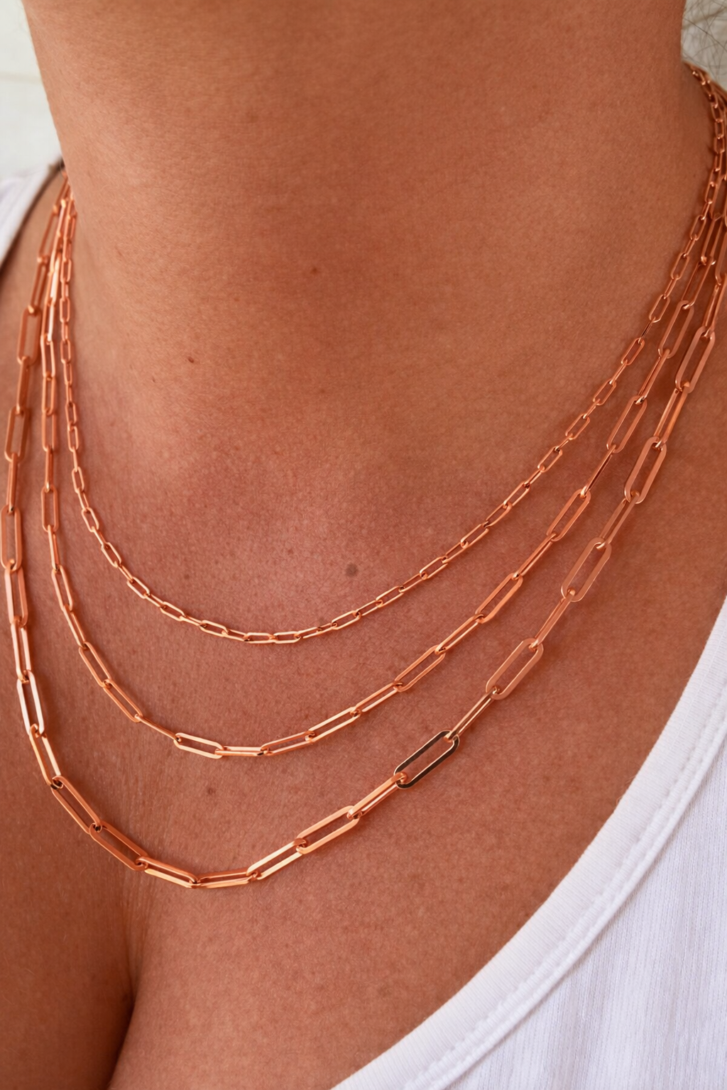 14k Rose Gold Over Solid 925 Sterling Silver Paper Clip Necklace 2.5mm, 3mm, 4mm