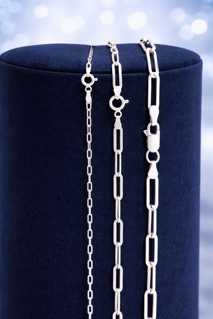 Solid 925 Sterling Silver Paper Clip Necklace 2.5mm, 3mm, 4mm