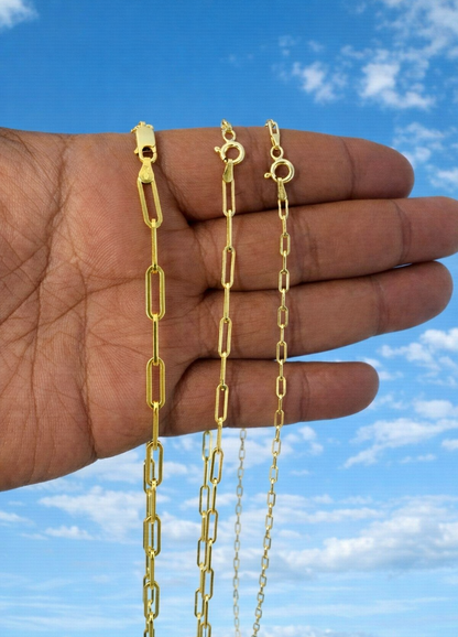 14k Gold Over Solid 925 Sterling Silver Paper Clip Necklace 2.5mm, 3mm, 4mm