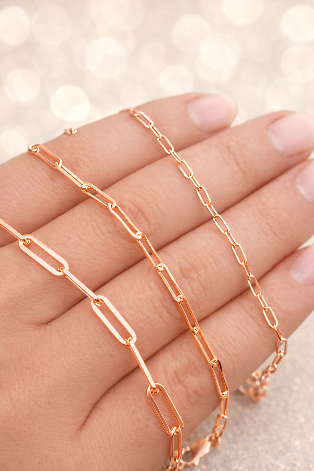 14k Rose Gold Over Solid 925 Sterling Silver Paper Clip Bracelets 2.5mm, 3mm, 4mm