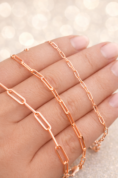 14k Rose Gold Over Solid 925 Sterling Silver Paper Clip Bracelets 2.5mm, 3mm, 4mm
