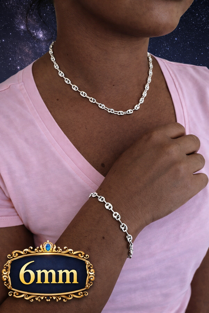 925 Sterling Silver Hollow Puffed Gucci Mariner Chains and Bracelets 6mm, 8mm, 12mm