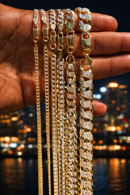 Two Tone FLAT Curb Cuban Chains 14k Gold Finish over Solid 925 Sterling Silver 3mm to 10.5mm