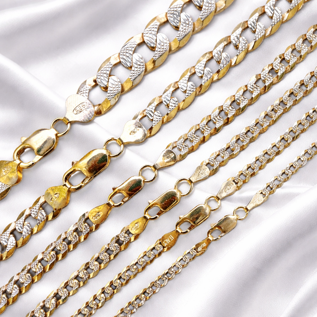 Two Tone FLAT Curb Cuban Chains 14k Gold Finish over Solid 925 Sterling Silver 3mm to 10.5mm