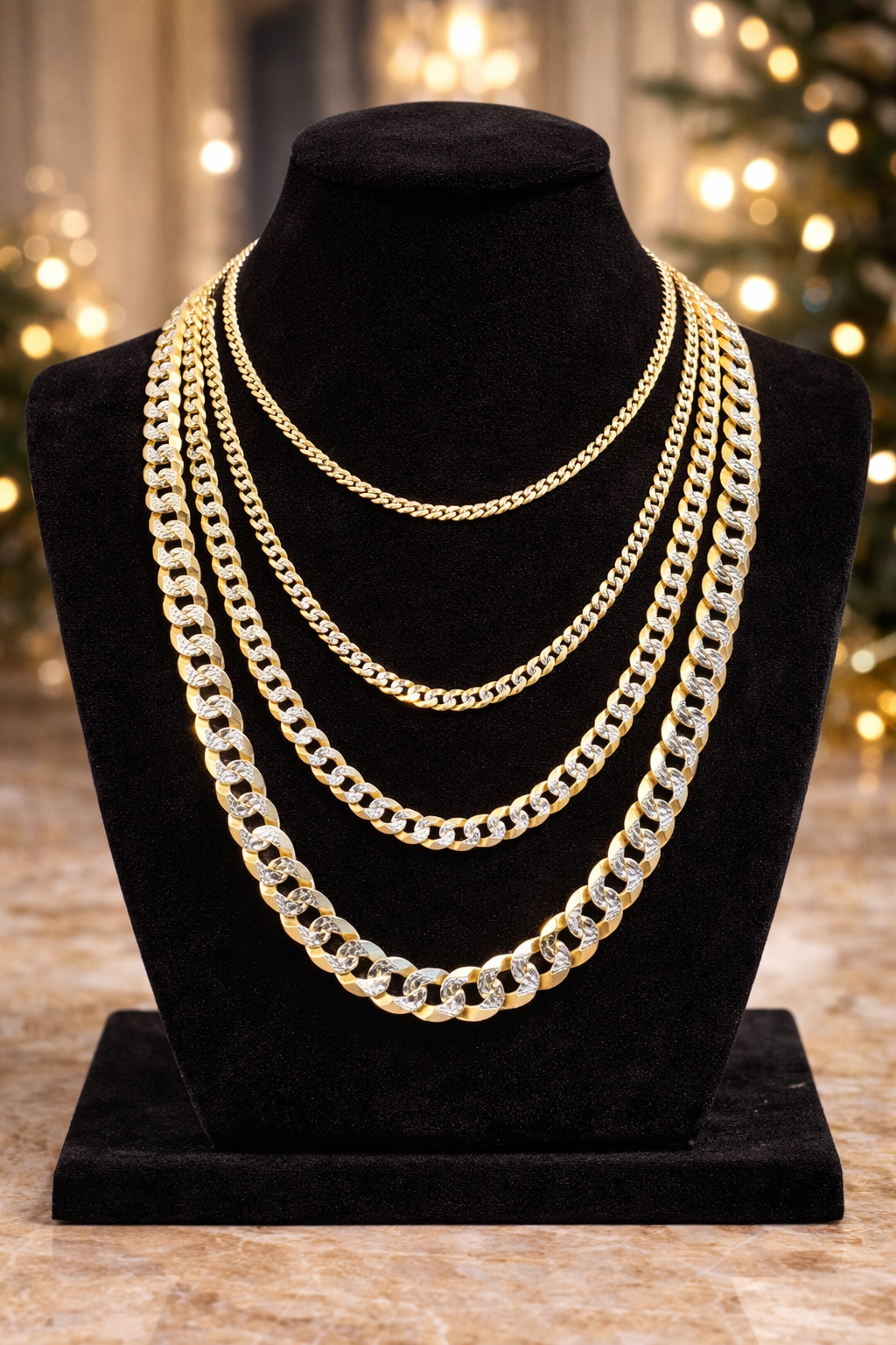 Two Tone FLAT Curb Cuban Chains 14k Gold Finish over Solid 925 Sterling Silver 3mm to 10.5mm