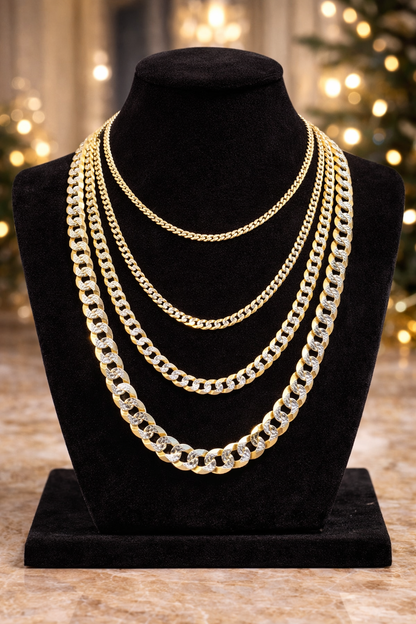 Two Tone FLAT Curb Cuban Chains 14k Gold Finish over Solid 925 Sterling Silver 3mm to 10.5mm