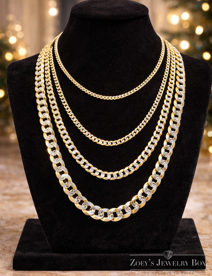 Two Tone FLAT Curb Cuban Chains 14k Gold Finish over Solid 925 Sterling Silver 3mm to 10.5mm