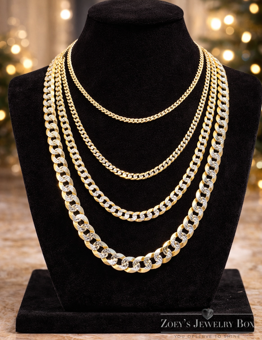 Two Tone FLAT Curb Cuban Chains 14k Gold Finish over Solid 925 Sterling Silver 3mm to 10.5mm