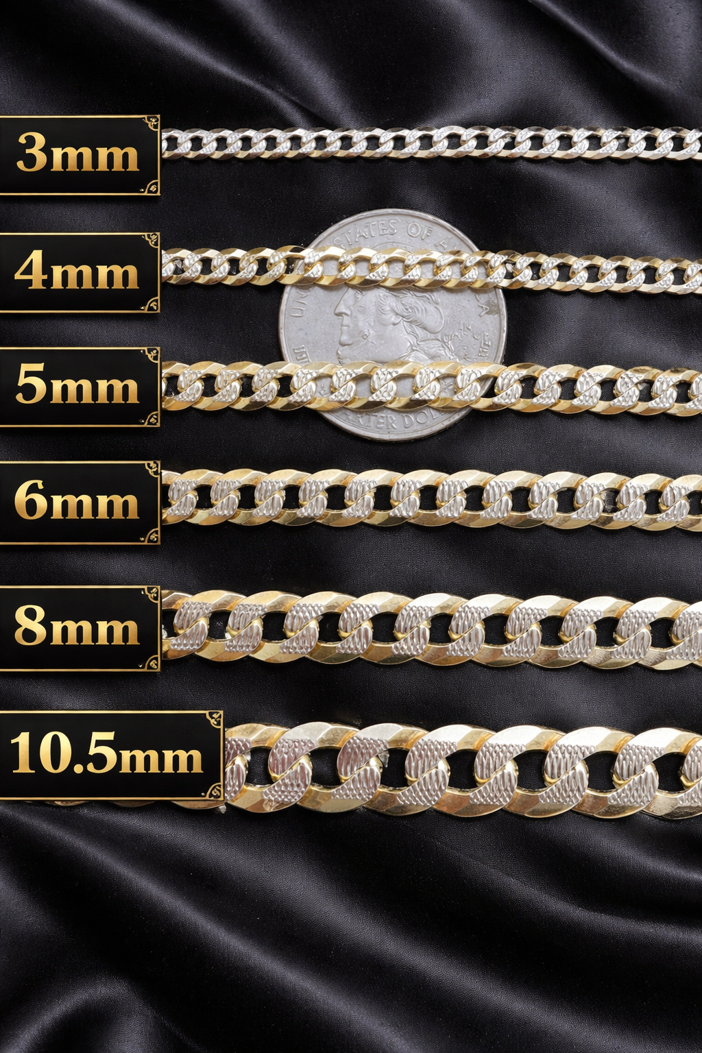 Two Tone FLAT Curb Cuban Bracelets 14k Gold Finish over Solid 925 Sterling Silver 3mm to 10.5mm