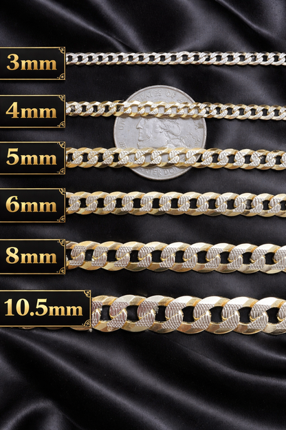 Two Tone FLAT Curb Cuban Bracelets 14k Gold Finish over Solid 925 Sterling Silver 3mm to 10.5mm