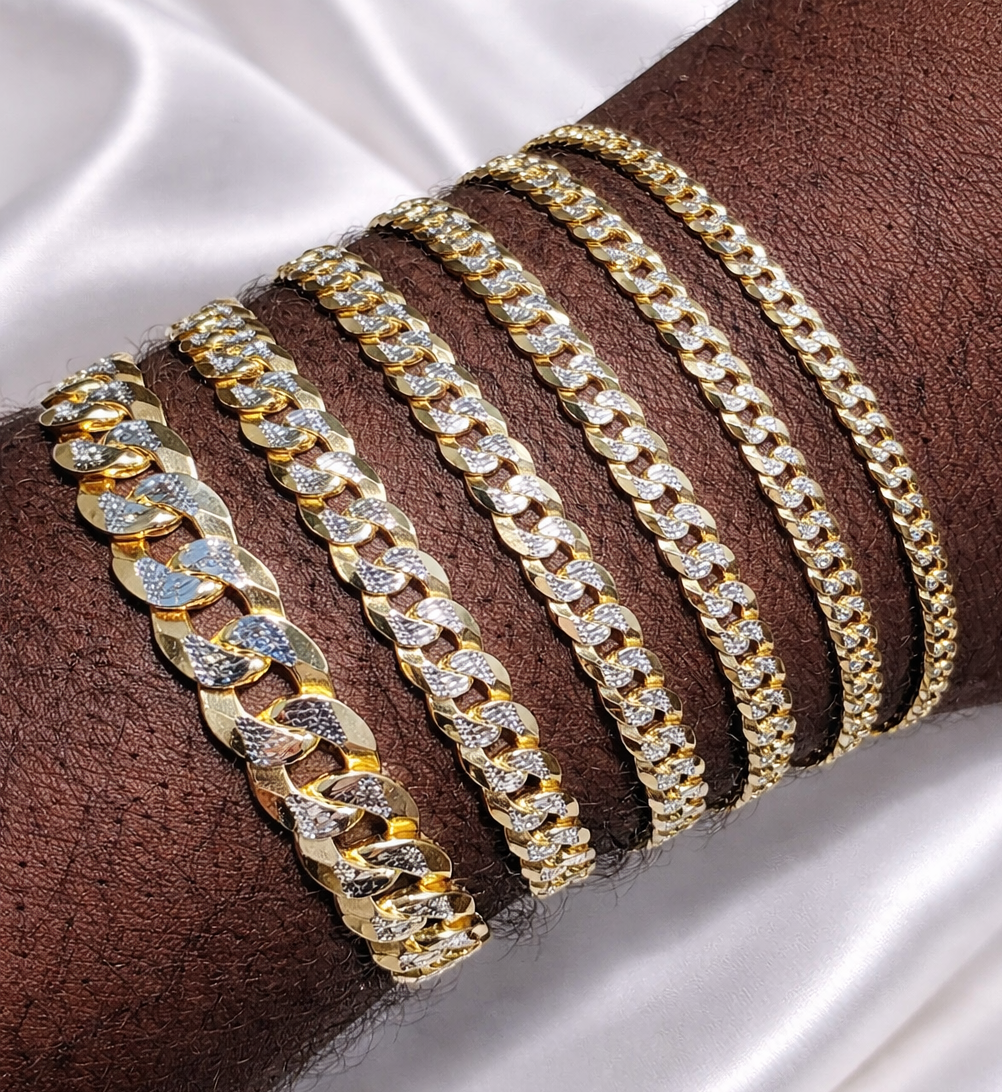 Two Tone FLAT Curb Cuban Bracelets 14k Gold Finish over Solid 925 Sterling Silver 3mm to 10.5mm