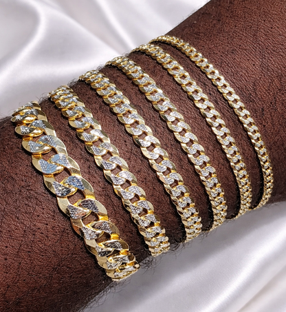 Two Tone FLAT Curb Cuban Bracelets 14k Gold Finish over Solid 925 Sterling Silver 3mm to 10.5mm