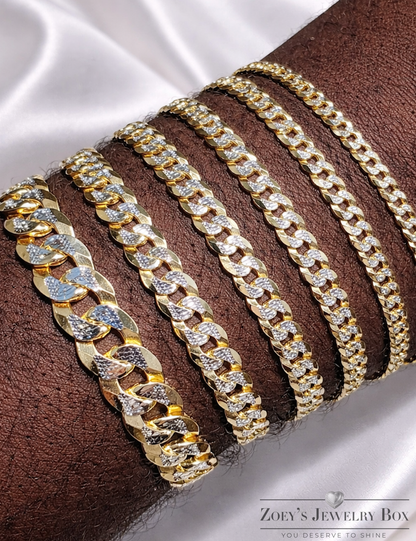 Two Tone FLAT Curb Cuban Bracelets 14k Gold Finish over Solid 925 Sterling Silver 3mm to 10.5mm