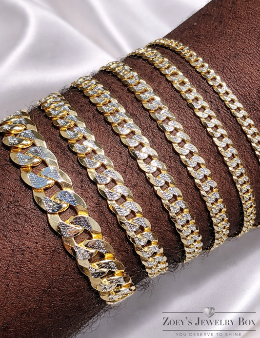 Two Tone FLAT Curb Cuban Bracelets 14k Gold Finish over Solid 925 Sterling Silver 3mm to 10.5mm