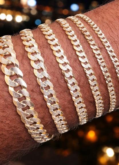 Two Tone FLAT Curb Cuban Bracelets 14k Gold Finish over Solid 925 Sterling Silver 3mm to 10.5mm