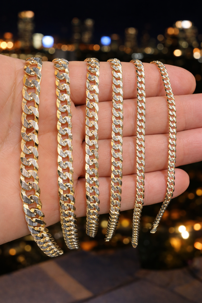 Two Tone FLAT Curb Cuban Bracelets 14k Gold Finish over Solid 925 Sterling Silver 3mm to 10.5mm