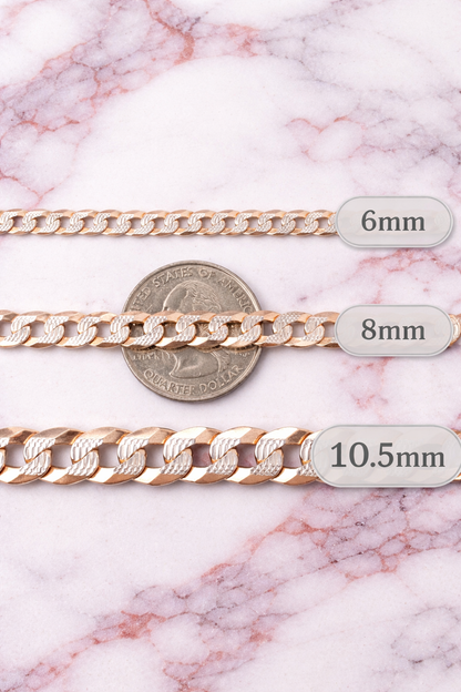 Two Tone FLAT Curb Cuban Bracelets 14k Rose Gold Finish over Solid 925 Sterling Silver 3mm to 10.5mm