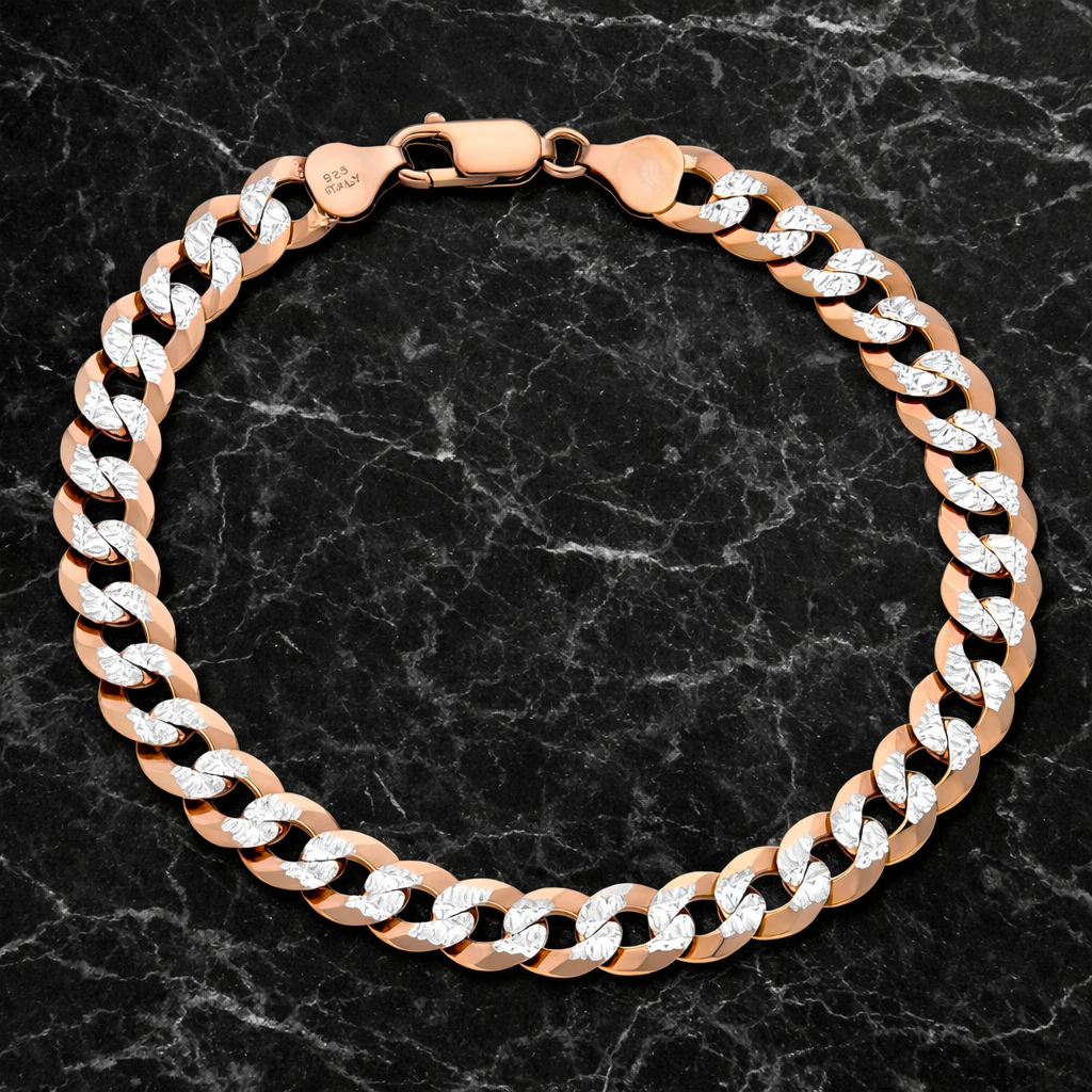 Two Tone FLAT Curb Cuban Bracelets 14k Rose Gold Finish over Solid 925 Sterling Silver 3mm to 10.5mm