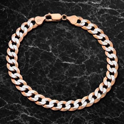 Two Tone FLAT Curb Cuban Bracelets 14k Rose Gold Finish over Solid 925 Sterling Silver 3mm to 10.5mm
