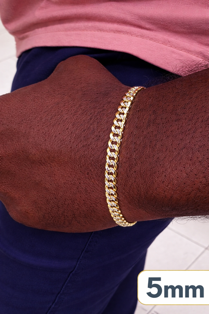 Two Tone FLAT Curb Cuban Bracelets 14k Gold Finish over Solid 925 Sterling Silver 3mm to 10.5mm