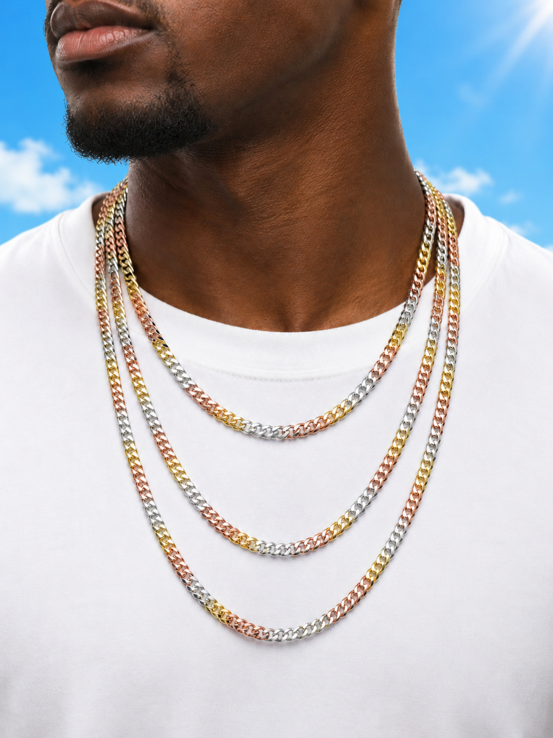 Tri-Color Miami Cuban Chains 14k Gold/Rose Gold Finish over 925 Sterling Silver