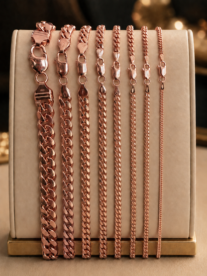 Miami Cuban Chains with Lobster Clasp 14k Rose Gold Finish over Solid 925 Sterling Silver