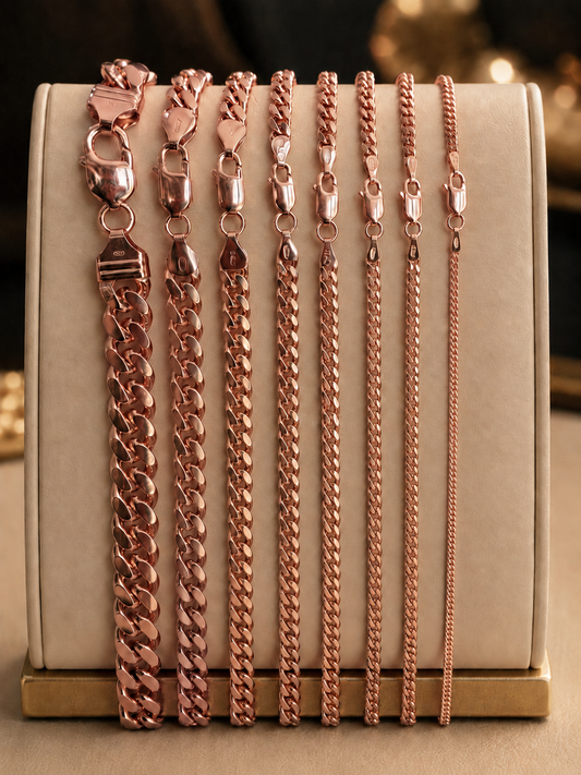 Miami Cuban Chains with Lobster Clasp 14k Rose Gold Finish over Solid 925 Sterling Silver