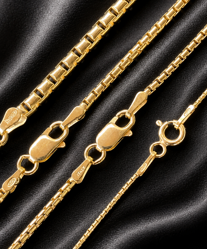 14k Gold Over Solid 925 Sterling Silver Rounded Box Chains 1mm, 1.8mm, 2mm, 3mm