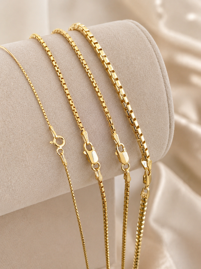 14k Gold Over Solid 925 Sterling Silver Rounded Box Chains 1mm, 1.8mm, 2mm, 3mm