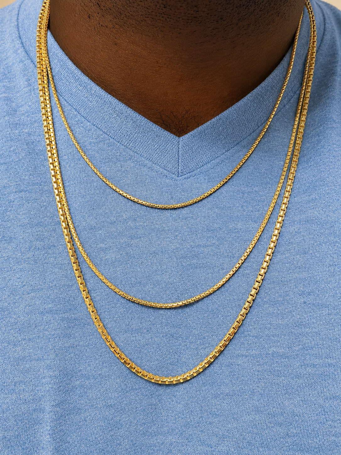 14k Gold Over Solid 925 Sterling Silver Rounded Box Chains 1mm, 1.8mm, 2mm, 3mm