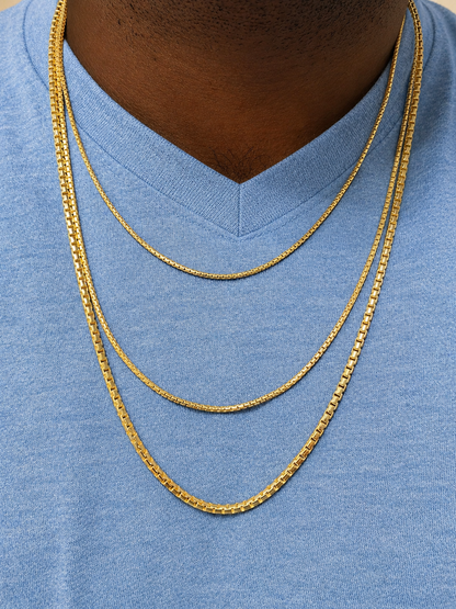 14k Gold Over Solid 925 Sterling Silver Rounded Box Chains 1mm, 1.8mm, 2mm, 3mm