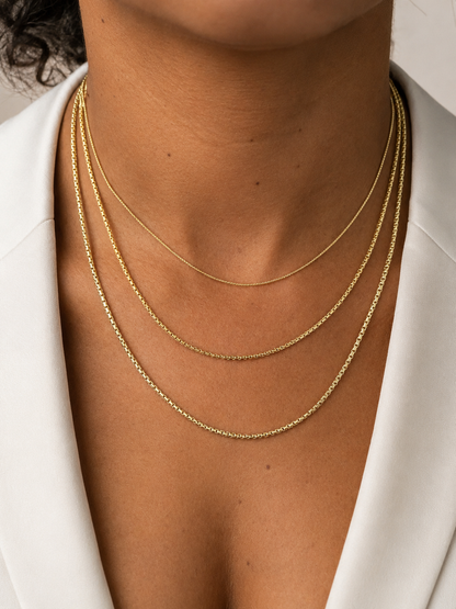 14k Gold Over Solid 925 Sterling Silver Rounded Box Chains 1mm, 1.8mm, 2mm, 3mm