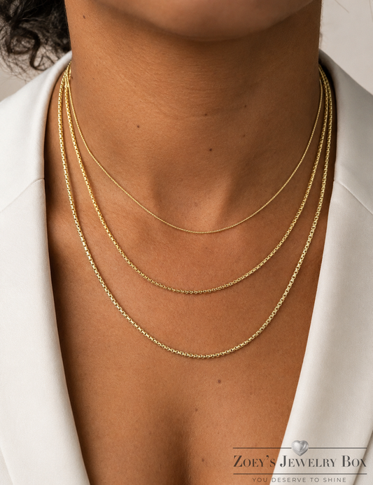 14k Gold Over Solid 925 Sterling Silver Rounded Box Chains 1mm, 1.8mm, 2mm, 3mm