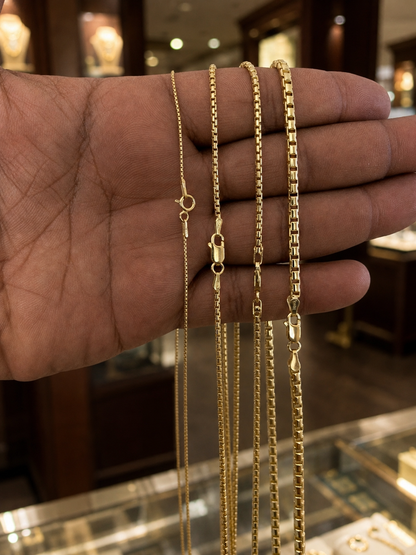 14k Gold Over Solid 925 Sterling Silver Rounded Box Chains 1mm, 1.8mm, 2mm, 3mm