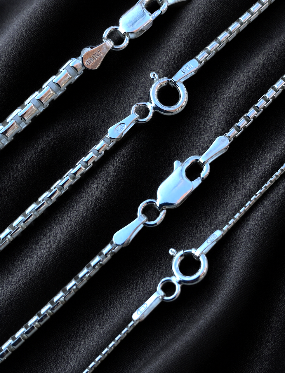 925 Sterling Silver Rounded Box Chains 1mm, 1.8mm, 2mm, 3mm