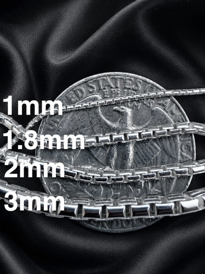925 Sterling Silver Rounded Box Chains 1mm, 1.8mm, 2mm, 3mm