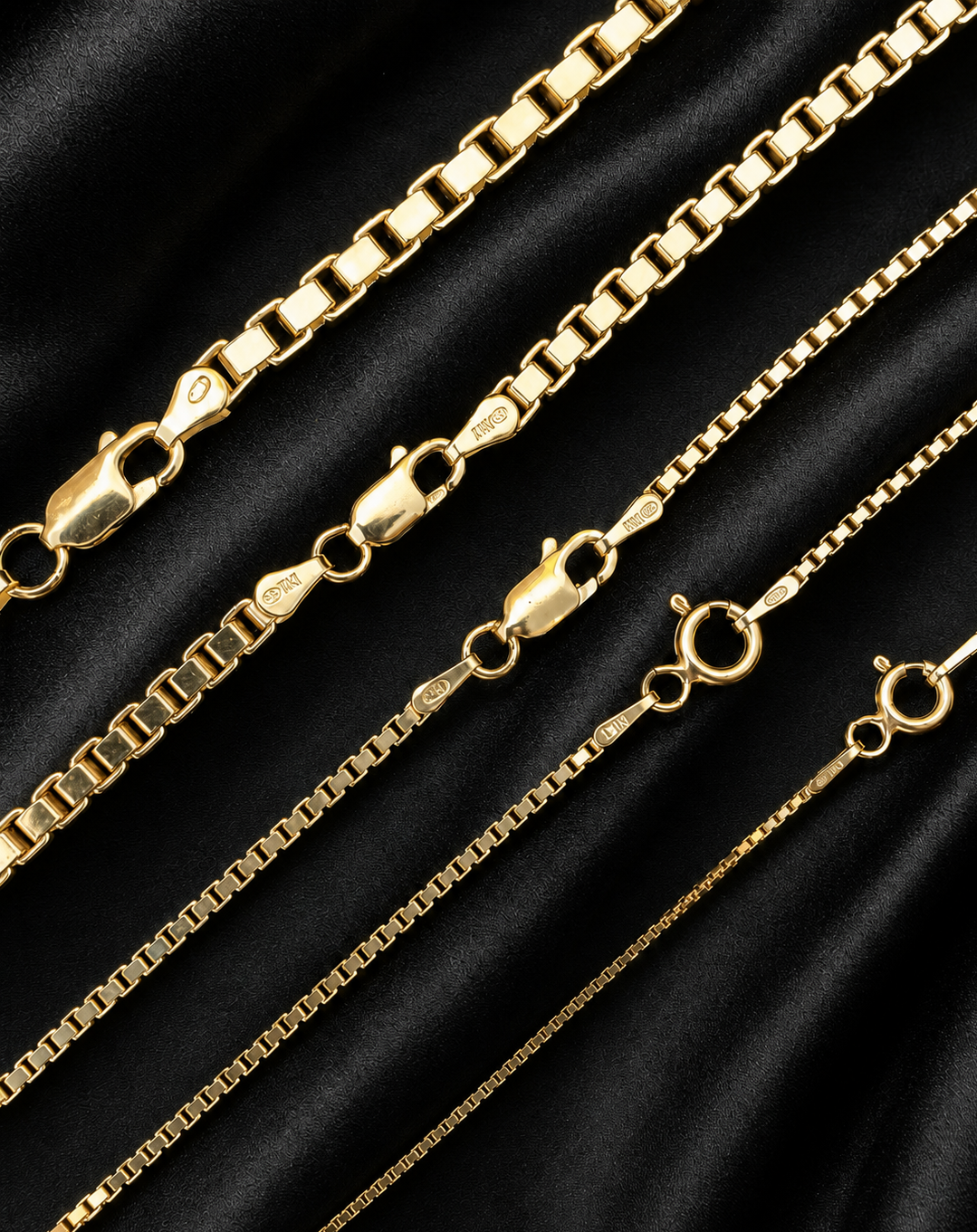 14k Gold Over Solid 925 Sterling Silver Square Box Chains 1mm, 1.5mm, 2mm, 3mm, 4mm