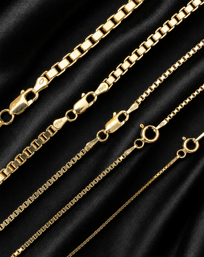 14k Gold Over Solid 925 Sterling Silver Square Box Chains 1mm, 1.5mm, 2mm, 3mm, 4mm