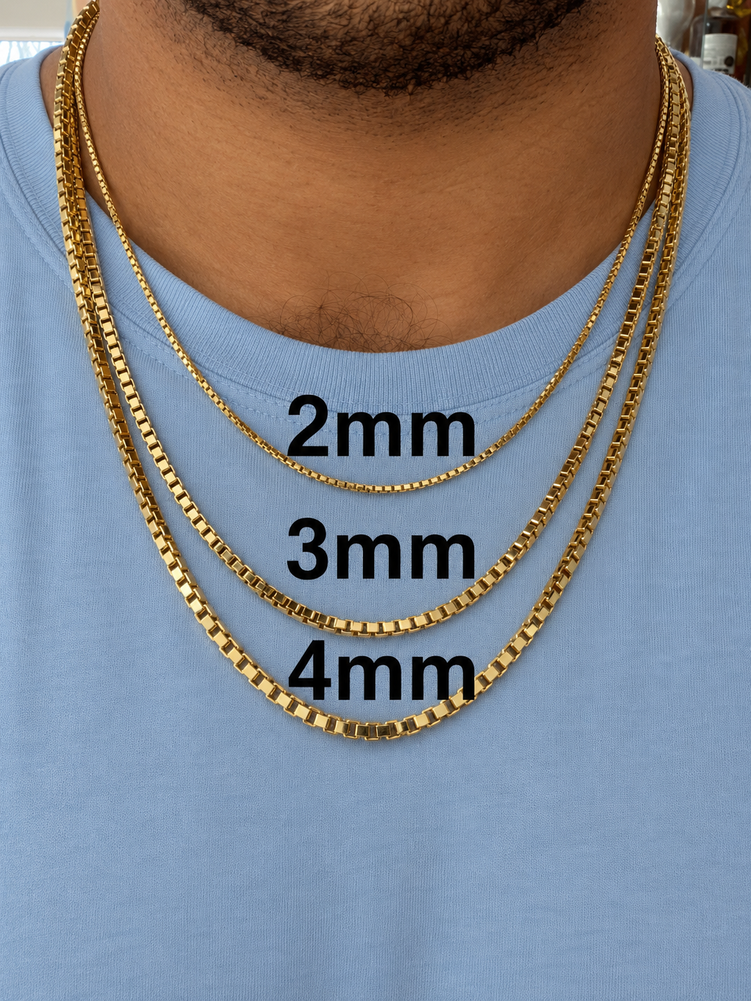 14k Gold Over Solid 925 Sterling Silver Square Box Chains 1mm, 1.5mm, 2mm, 3mm, 4mm