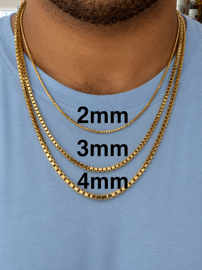 14k Gold Over Solid 925 Sterling Silver Square Box Chains 1mm, 1.5mm, 2mm, 3mm, 4mm