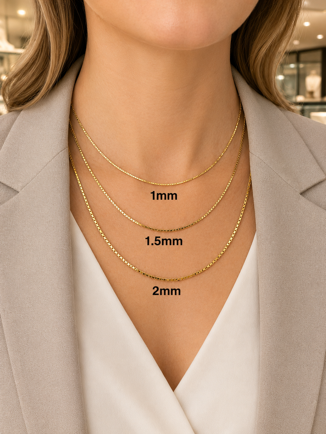 14k Gold Over Solid 925 Sterling Silver Square Box Chains 1mm, 1.5mm, 2mm, 3mm, 4mm
