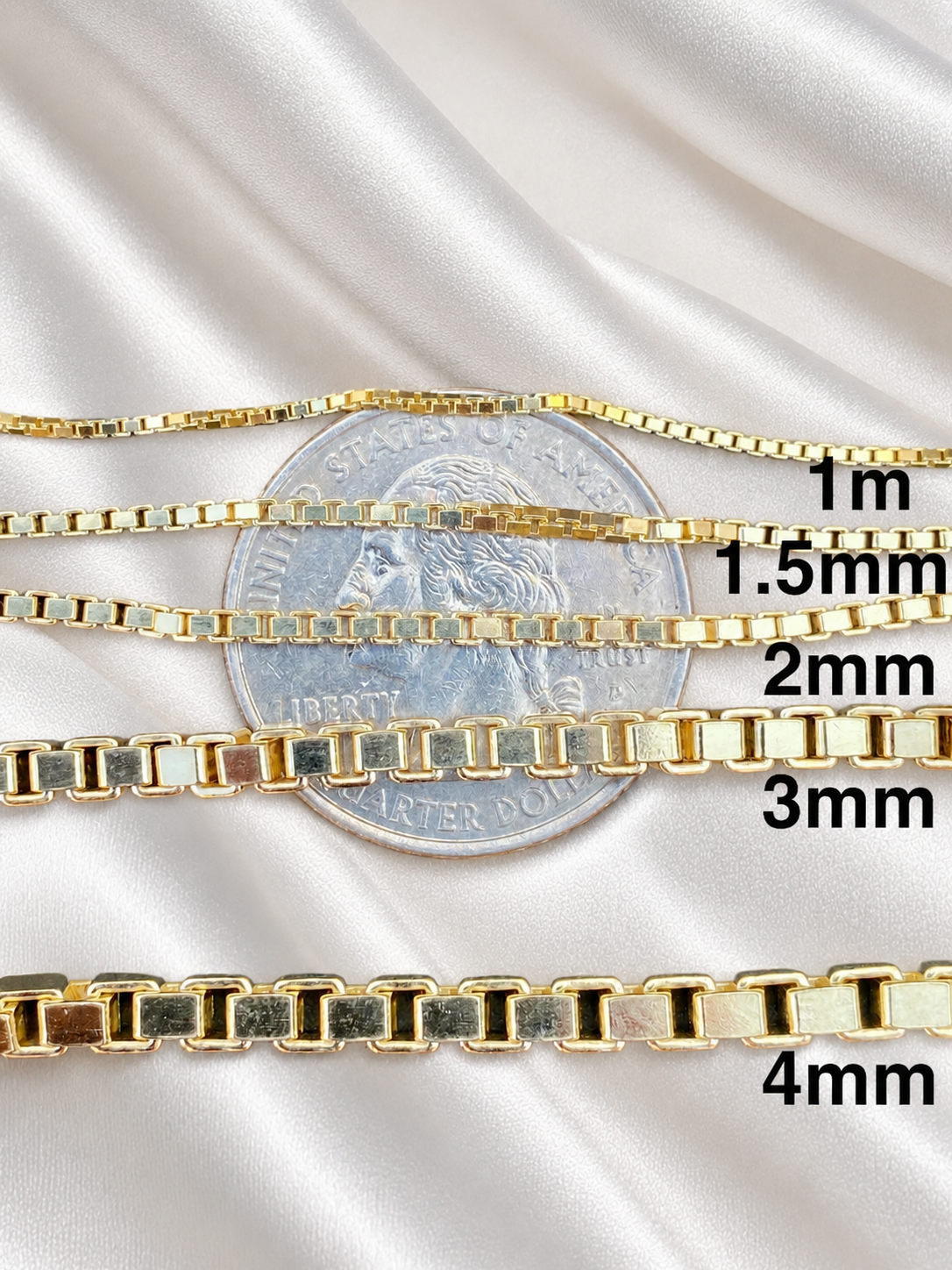14k Gold Over Solid 925 Sterling Silver Square Box Chains 1mm, 1.5mm, 2mm, 3mm, 4mm