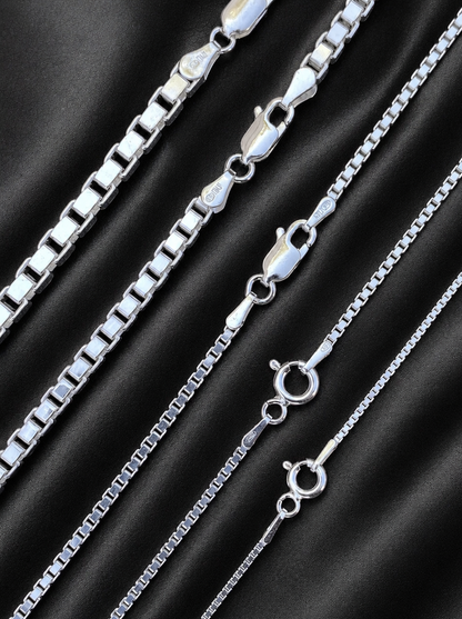 Solid 925 Sterling Silver Square Box Chains 1mm, 1.5mm, 2mm, 3mm, 4mm
