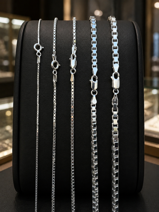 Solid 925 Sterling Silver Square Box Chains 1mm, 1.5mm, 2mm, 3mm, 4mm